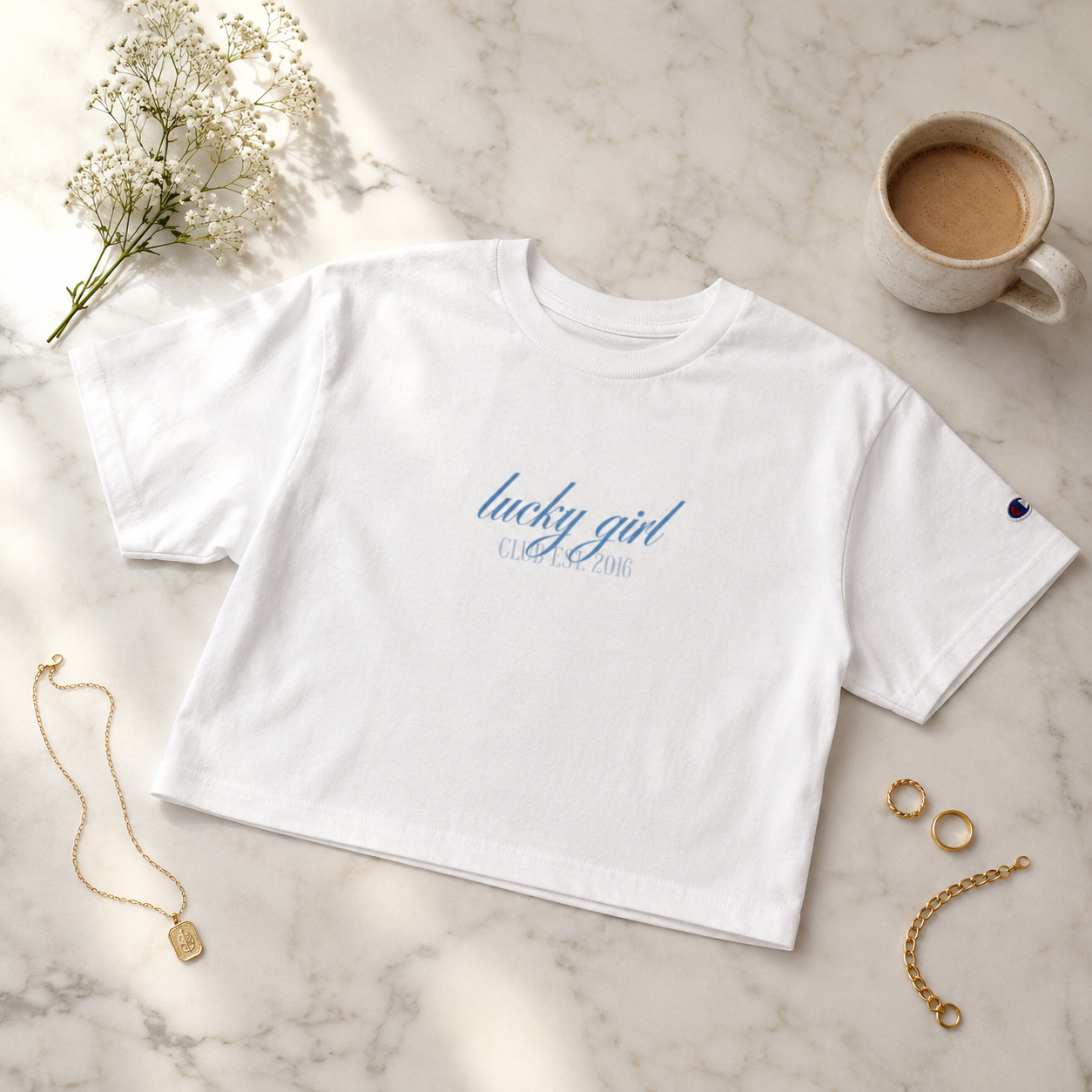 Lucky Girl Club Cropped Cotton T-Shirt – Feminine Script Graphic Tee
