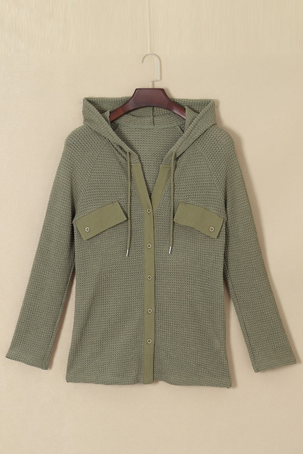 Waffle-Knit Button Up Drawstring Hoodie
