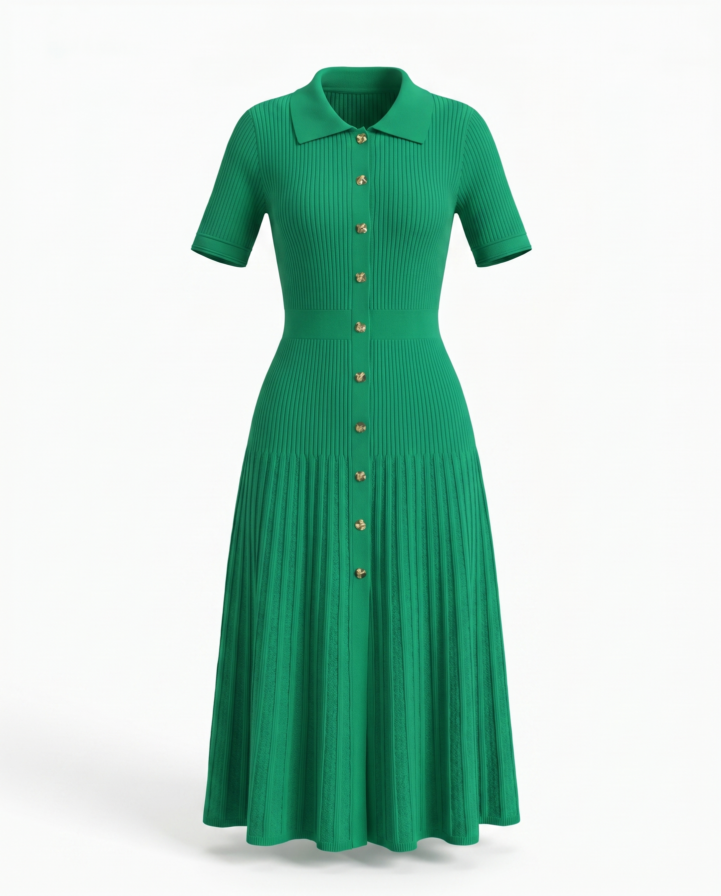 Galya Button Front Short Sleeve Knit Dress — 3D ghost mannequin product shot