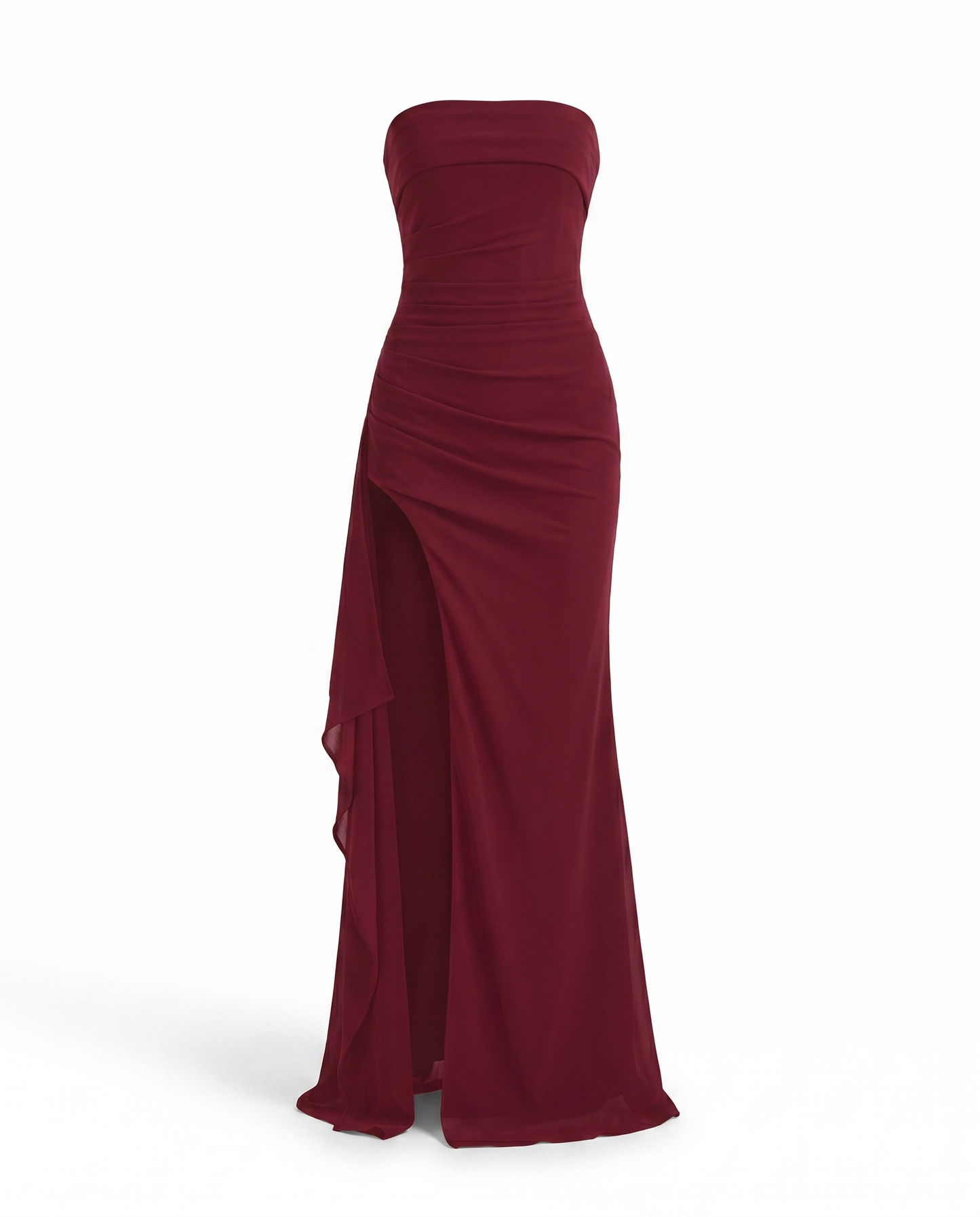 Geneva Strapless Ruched High Slit Maxi Dress — 3D ghost mannequin product shot