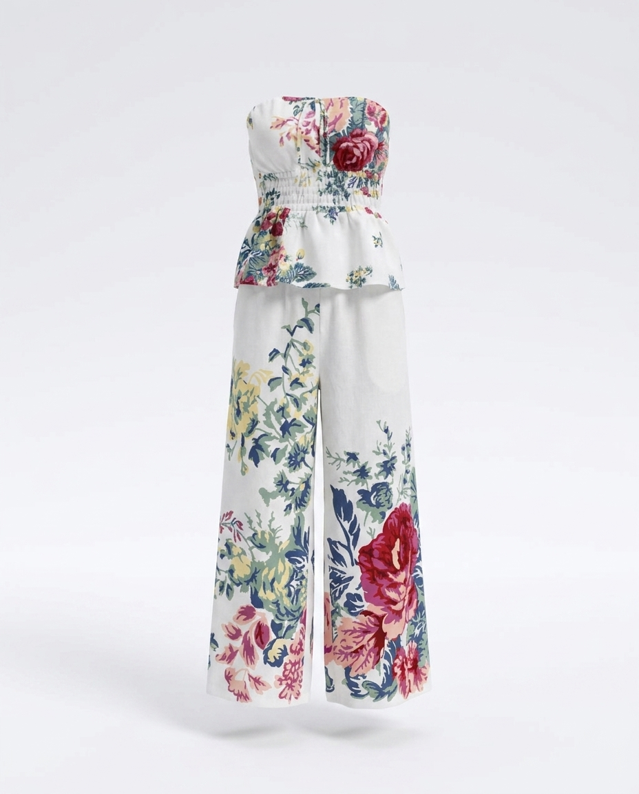 Heidrun Floral Strapless Top and Wide-Leg Pants Set - ghost mannequin