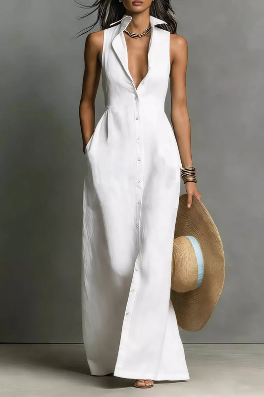 White sleeveless button-down maxi dress — Jane Birkin summer style