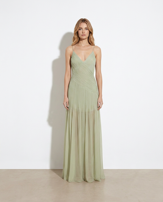 Brigitta sage pleated sheer chiffon maxi dress at golden hour — Forever Vogue