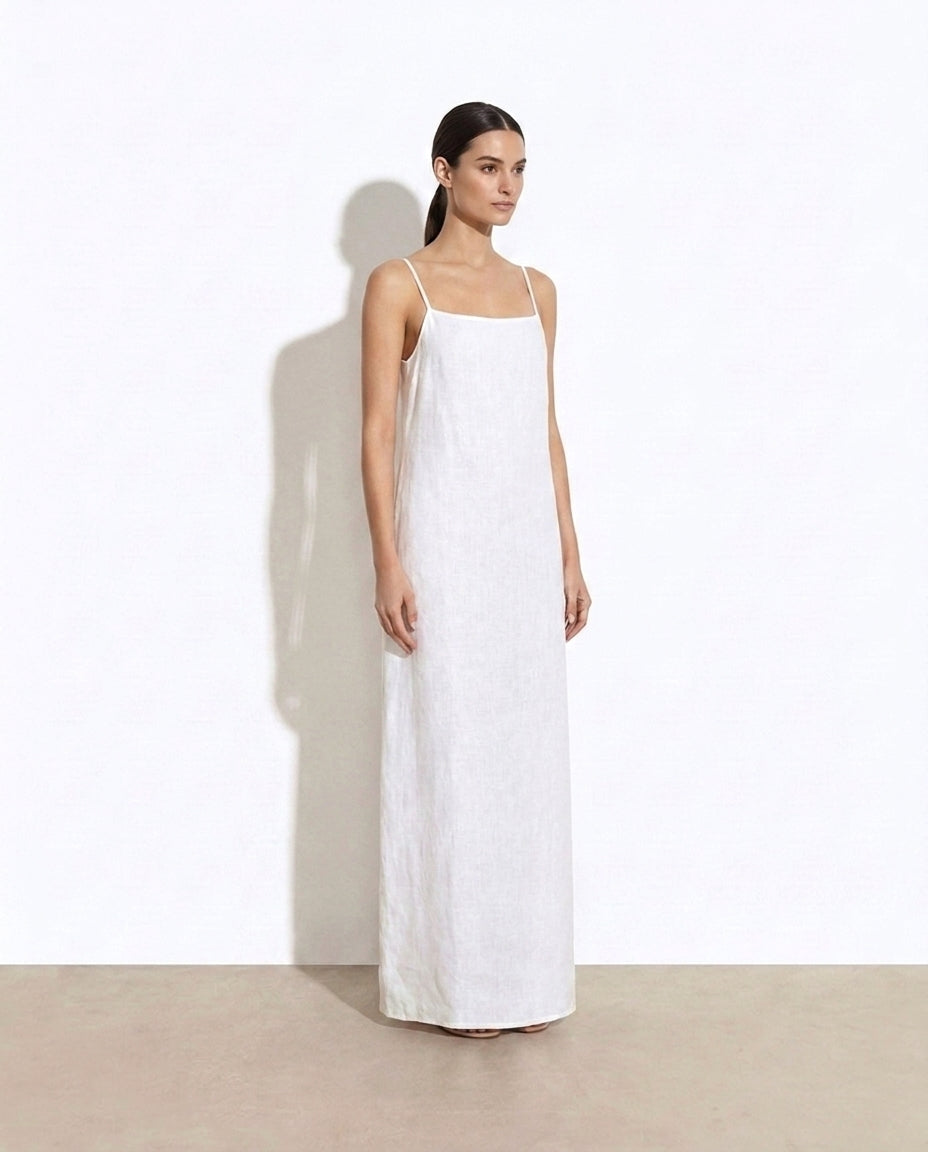 Matilda white linen sleeveless maxi dress, European summer styling — Forever Vogue