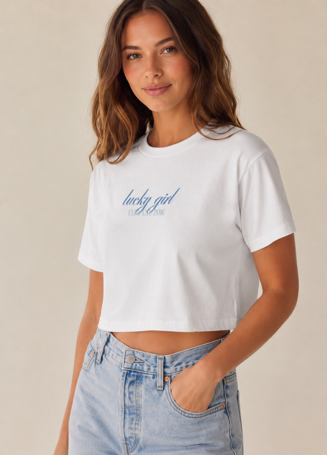 Lucky Girl Club Cropped Cotton T-Shirt – Feminine Script Graphic Tee