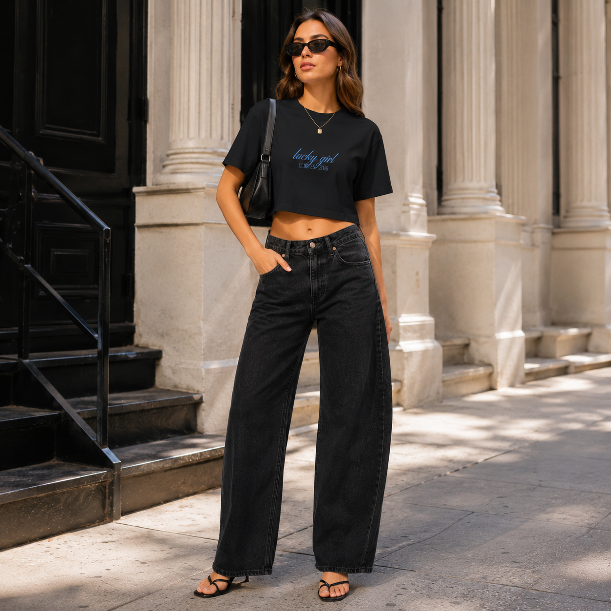 Lucky Girl Club Cropped Cotton T-Shirt – Feminine Script Graphic Tee
