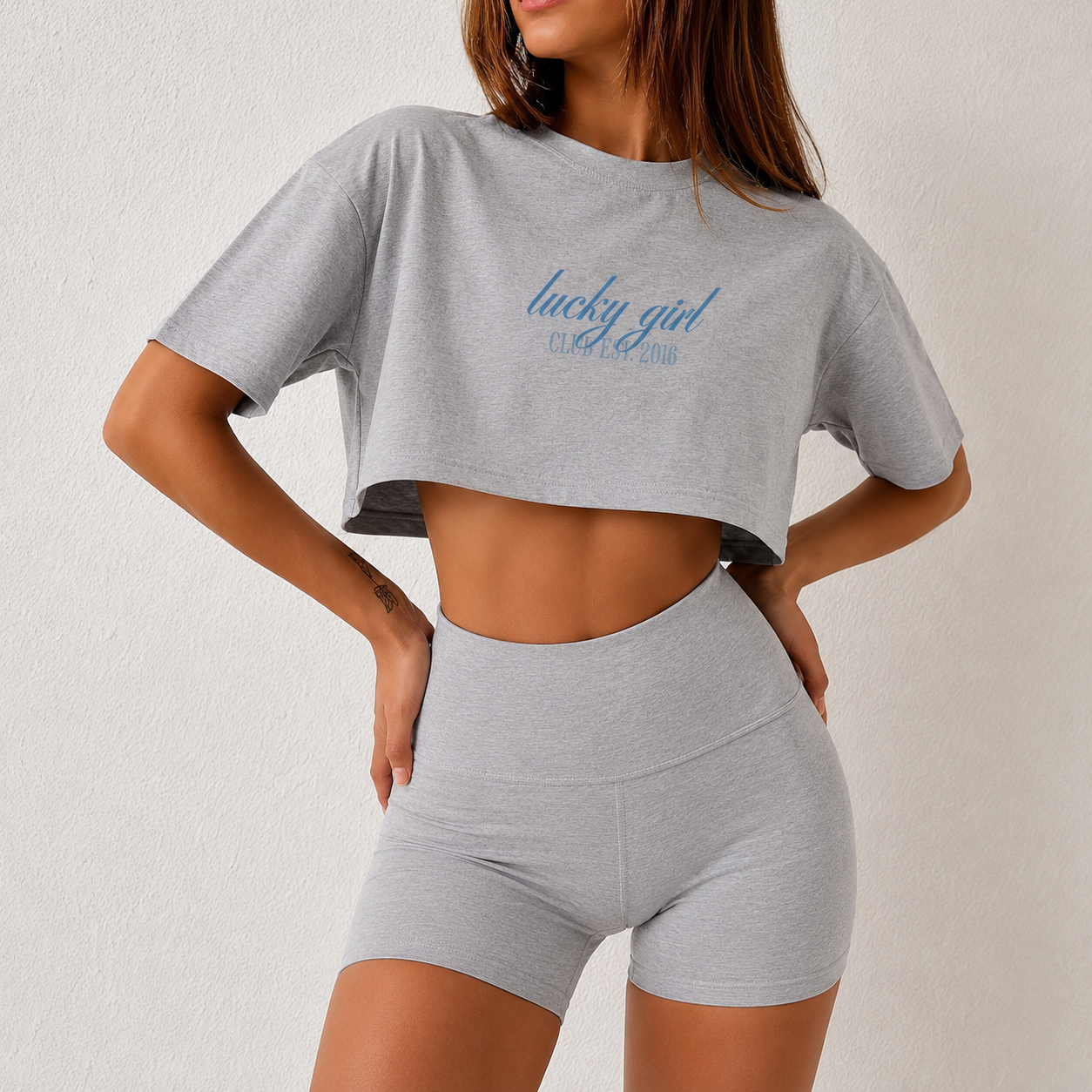 Lucky Girl Club Cropped Cotton T-Shirt – Feminine Script Graphic Tee