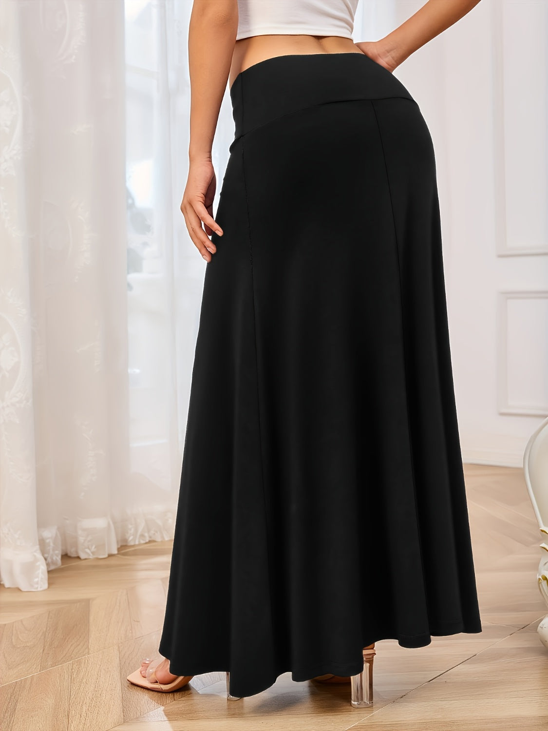 Solid Elastic Waist Maxi Skirt