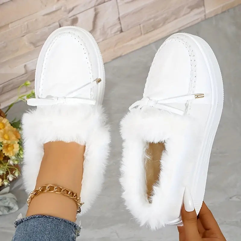 Bow Furry Round Toe Flat Slip-Ons