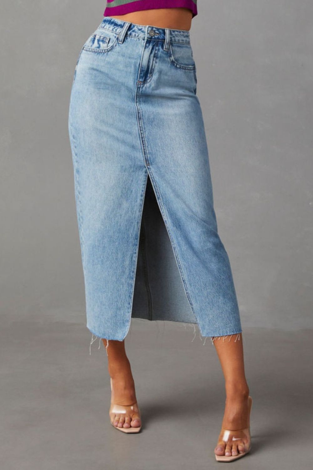 Slit Raw Hem Midi Denim Skirt