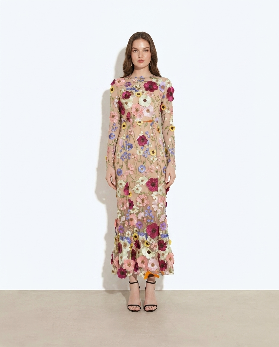 Eavan floral embroidered mesh long sleeve midi dress, front view