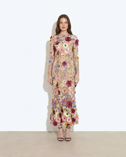 Eavan floral embroidered mesh long sleeve midi dress, front view
