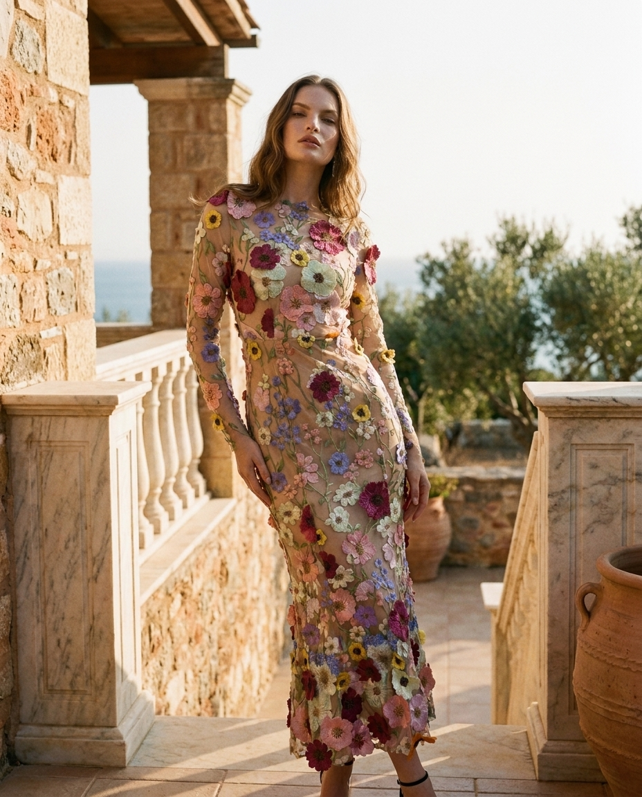 Forever Vogue editorial campaign — floral embroidered mesh midi dress, supermodel editorial