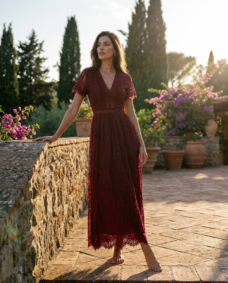 Asa wine-red lace plunge maxi dress — golden-hour villa editorial