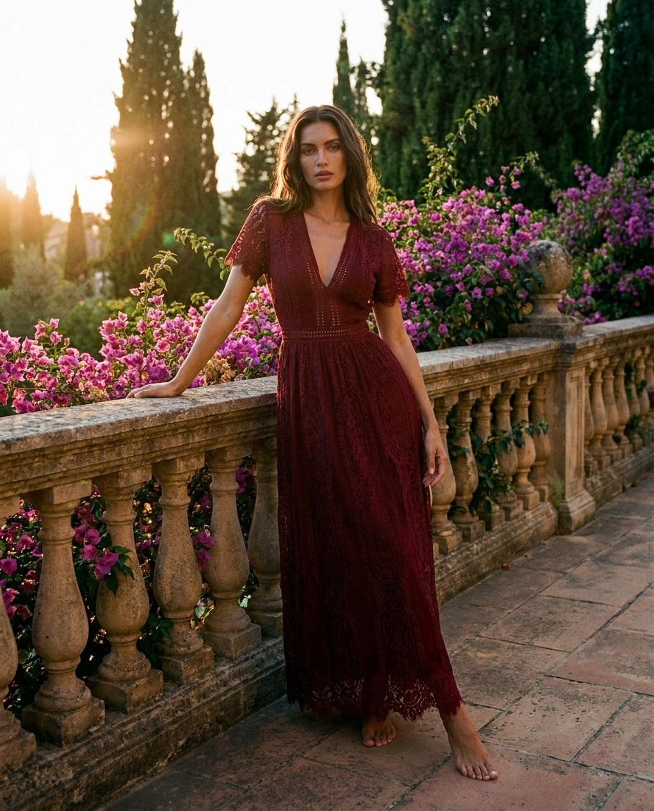 Asa wine-red lace plunge maxi dress — Mediterranean villa garden editorial