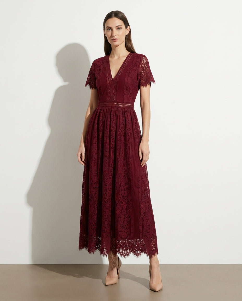 Asa scalloped-trim lace plunge dress in wine, studio front view