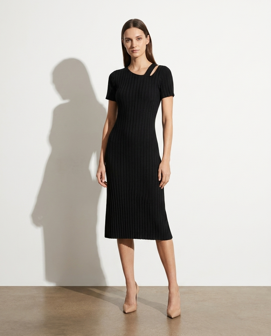 Idun ribbed asymmetrical-neck dress in black — studio