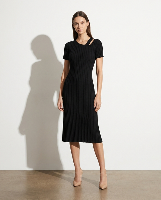 Idun ribbed asymmetrical-neck dress in black — studio