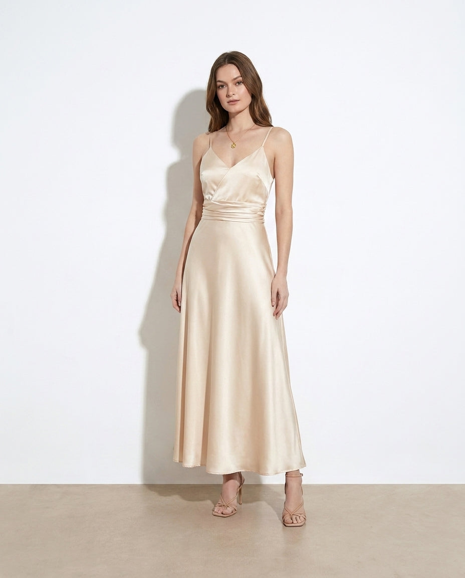 Adelaide champagne satin maxi dress — studio model shot