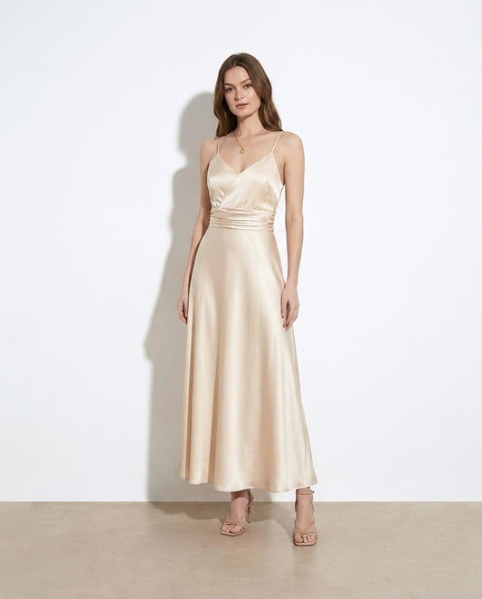 Adelaide champagne satin maxi dress — studio model shot