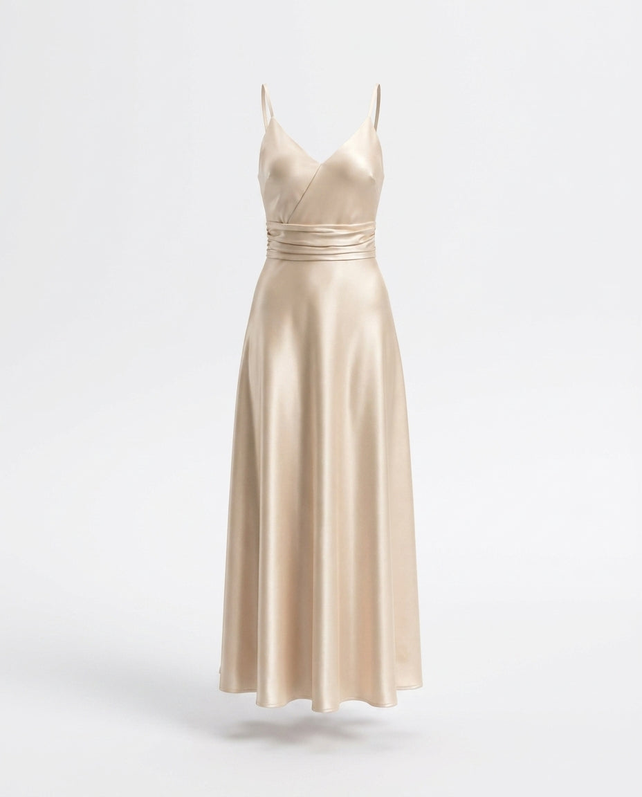 Adelaide champagne satin maxi dress — 3D ghost mannequin product shot