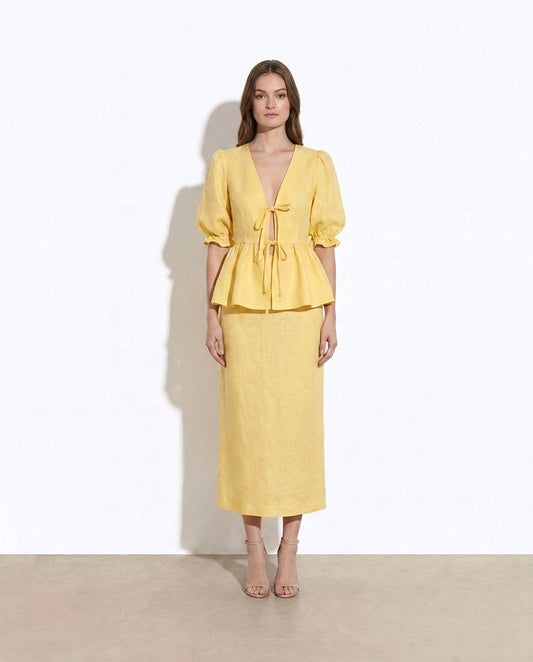 Aderyn tie front peplum top and skirt set — studio model shot