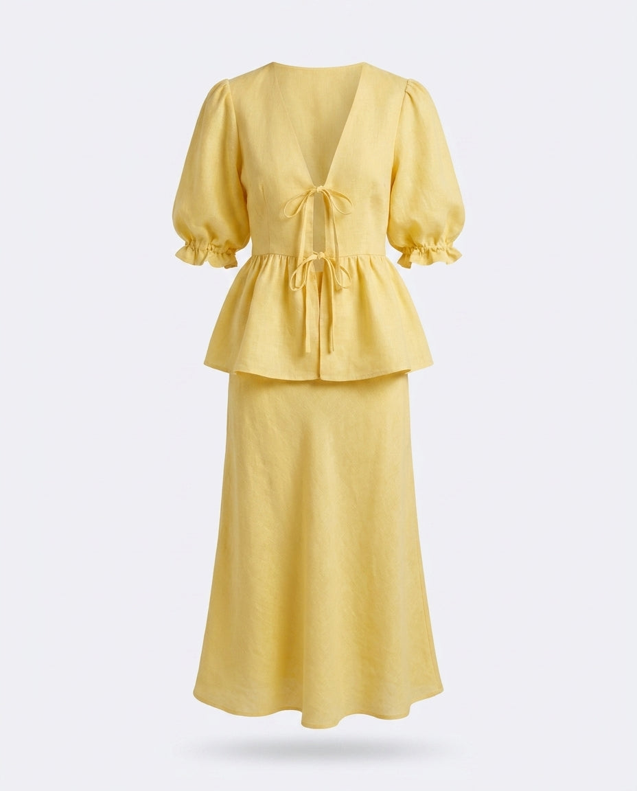 Aderyn tie front peplum top and skirt set — 3D ghost mannequin product shot
