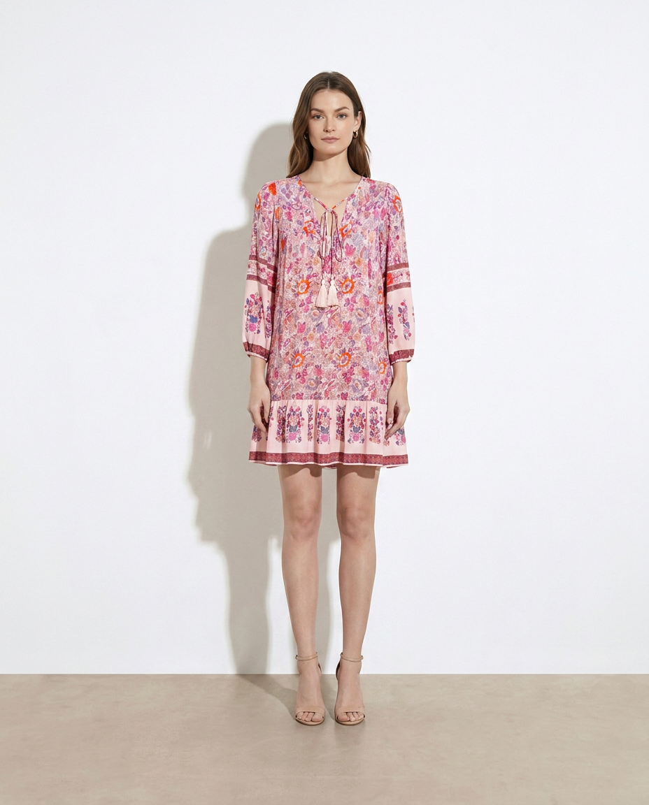 Alina Floral Print Tassel Tie Neck Mini Dress — studio model shot