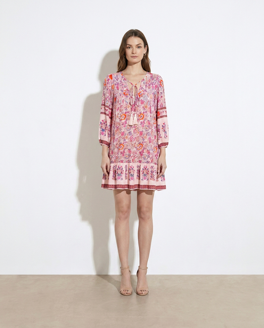 Alina Floral Print Tassel Tie Neck Mini Dress — studio model shot