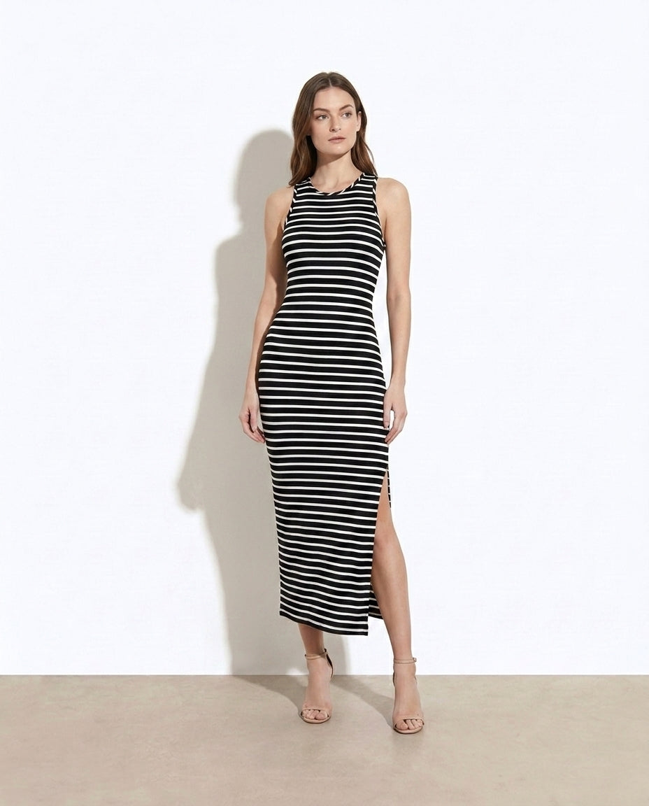 Amorette Striped Sleeveless Side-Slit Midi Dress — studio model shot