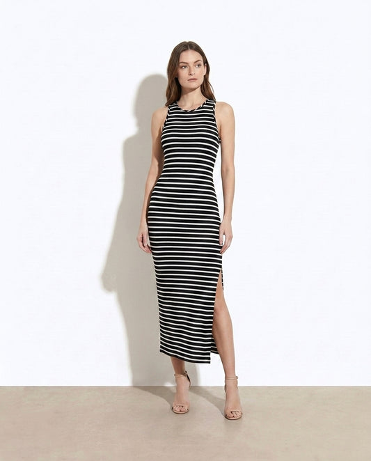 Amorette Striped Sleeveless Side-Slit Midi Dress — studio model shot