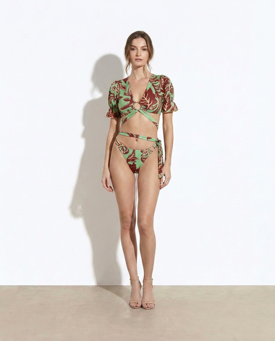 Anastasia Printed Flounce Sleeve Tie-Waist Bikini Set — studio model shot