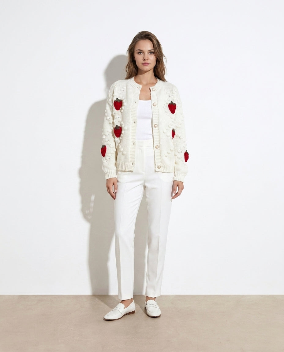 Anatolia Strawberry Button Down Cardigan — studio model shot