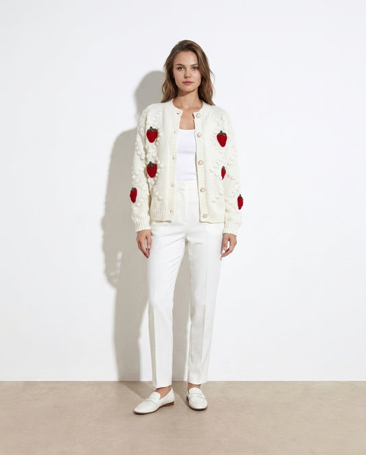 Anatolia Strawberry Button Down Cardigan — studio model shot
