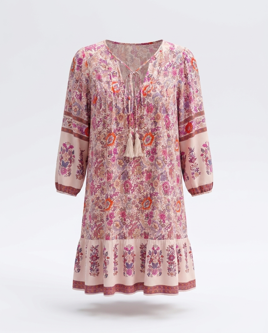 Alina Floral Print Tassel Tie Neck Mini Dress — 3D ghost mannequin product shot