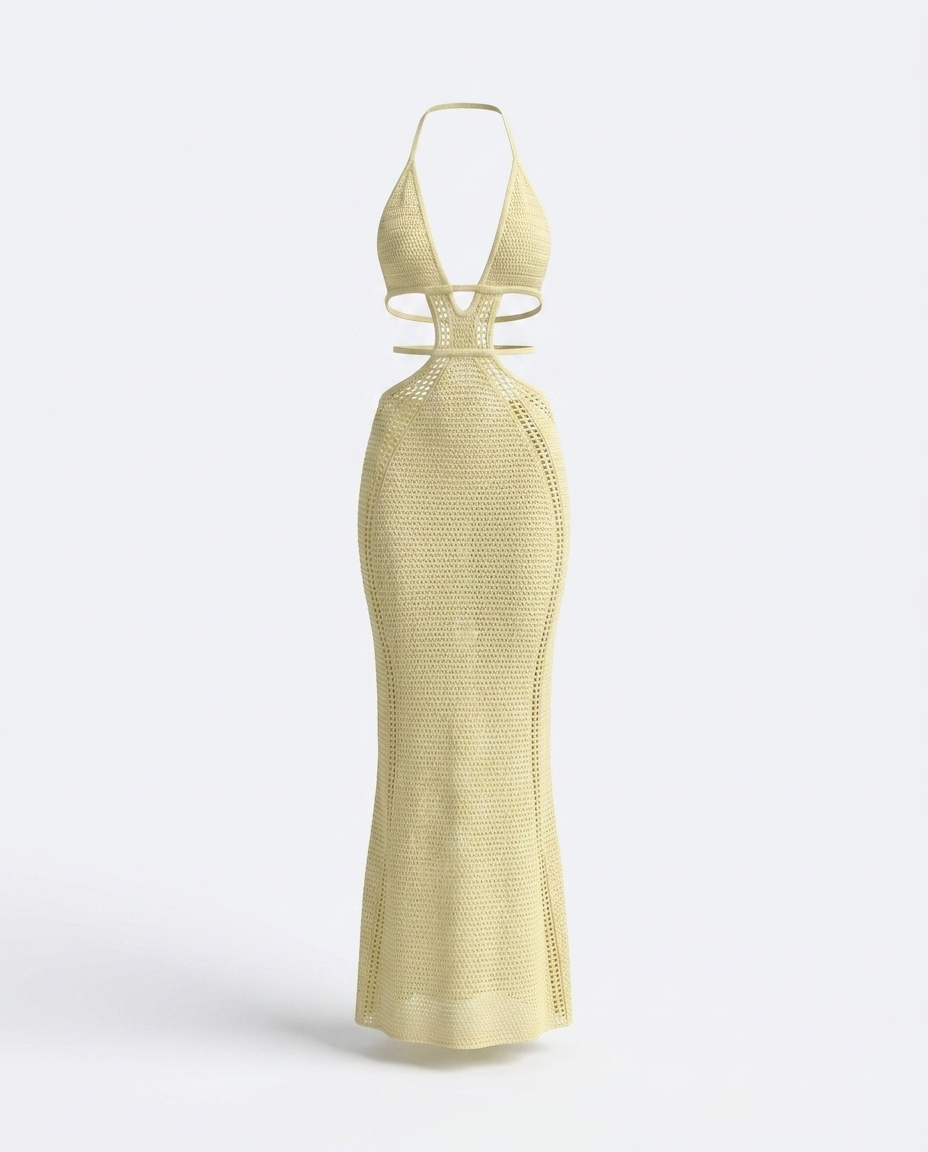 Alyona Halter Neck Cutout Knitted Maxi Dress — 3D ghost mannequin product shot