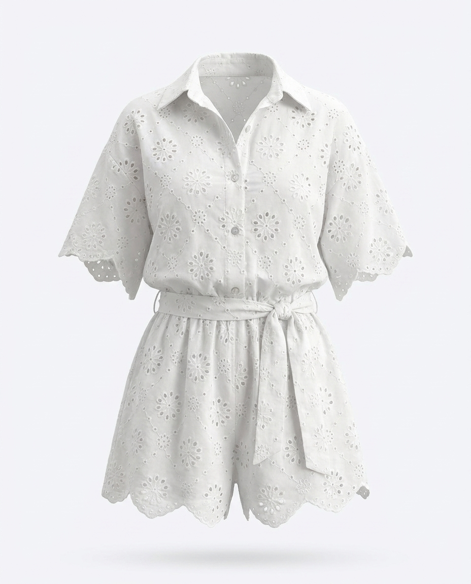 Anaïs Eyelet Lace Button-Up Romper — 3D ghost mannequin product shot