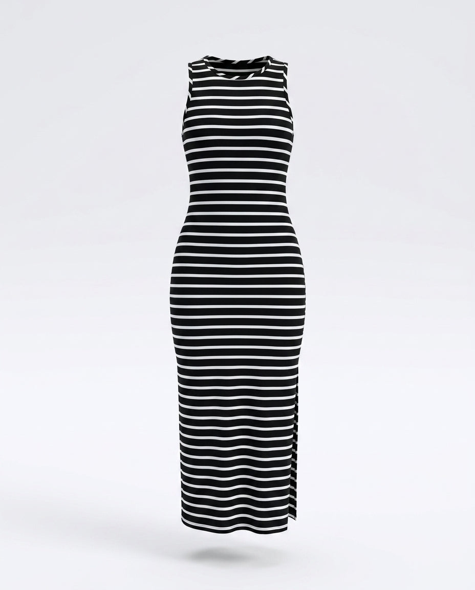Amorette Striped Sleeveless Side-Slit Midi Dress — 3D ghost mannequin product shot