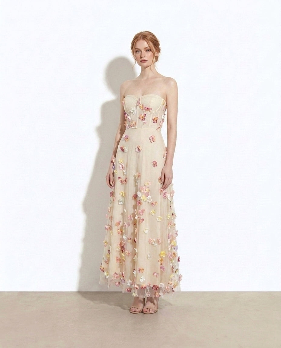 Arabella Floral Applique Tulle Maxi Dress — studio model shot