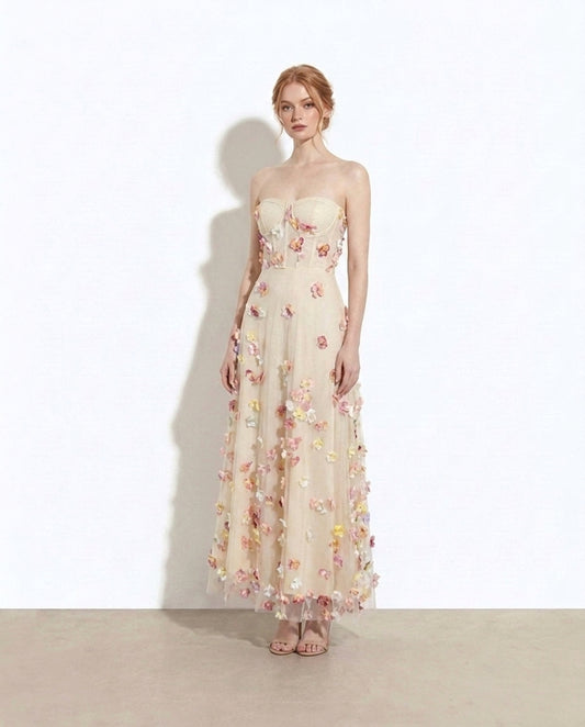 Arabella Floral Applique Tulle Maxi Dress — studio model shot