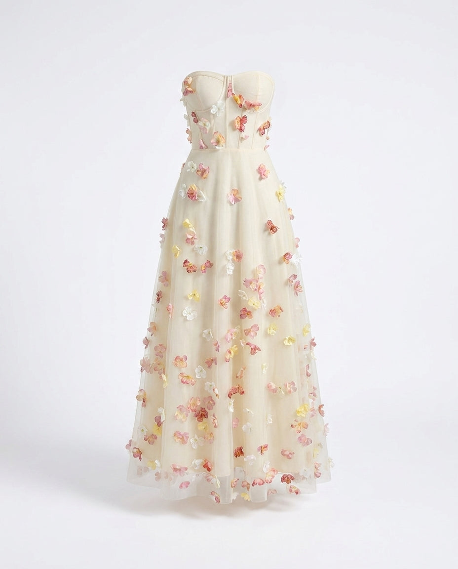 Arabella Floral Applique Tulle Maxi Dress — 3D ghost mannequin product shot