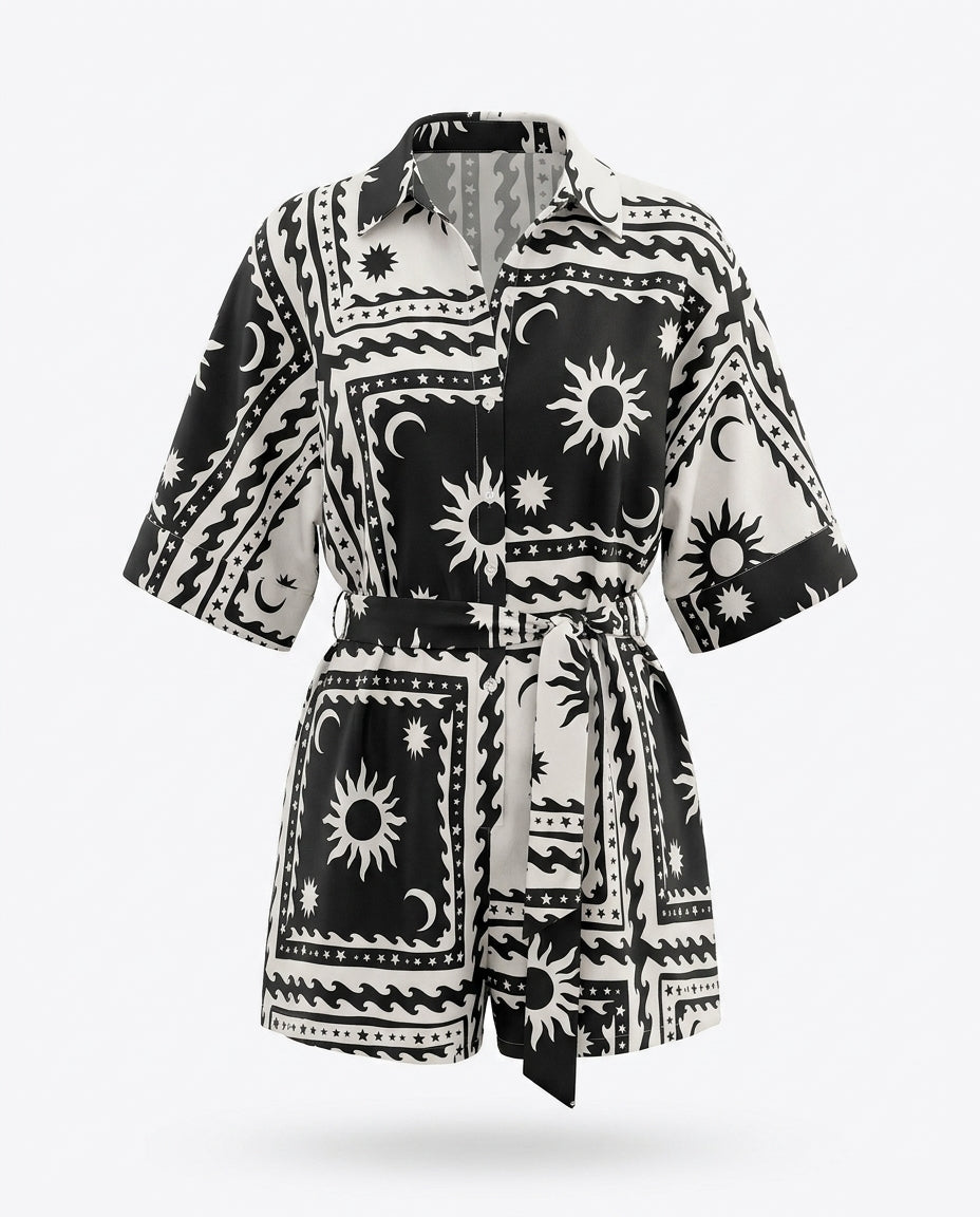 Apolline Printed Tie-Waist Half-Sleeve Romper — 3D ghost mannequin product shot