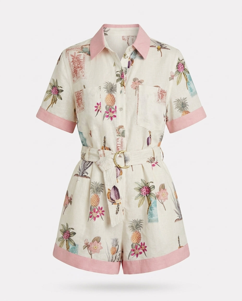 Armelle Printed Short-Sleeve Belted Romper — 3D ghost mannequin product shot