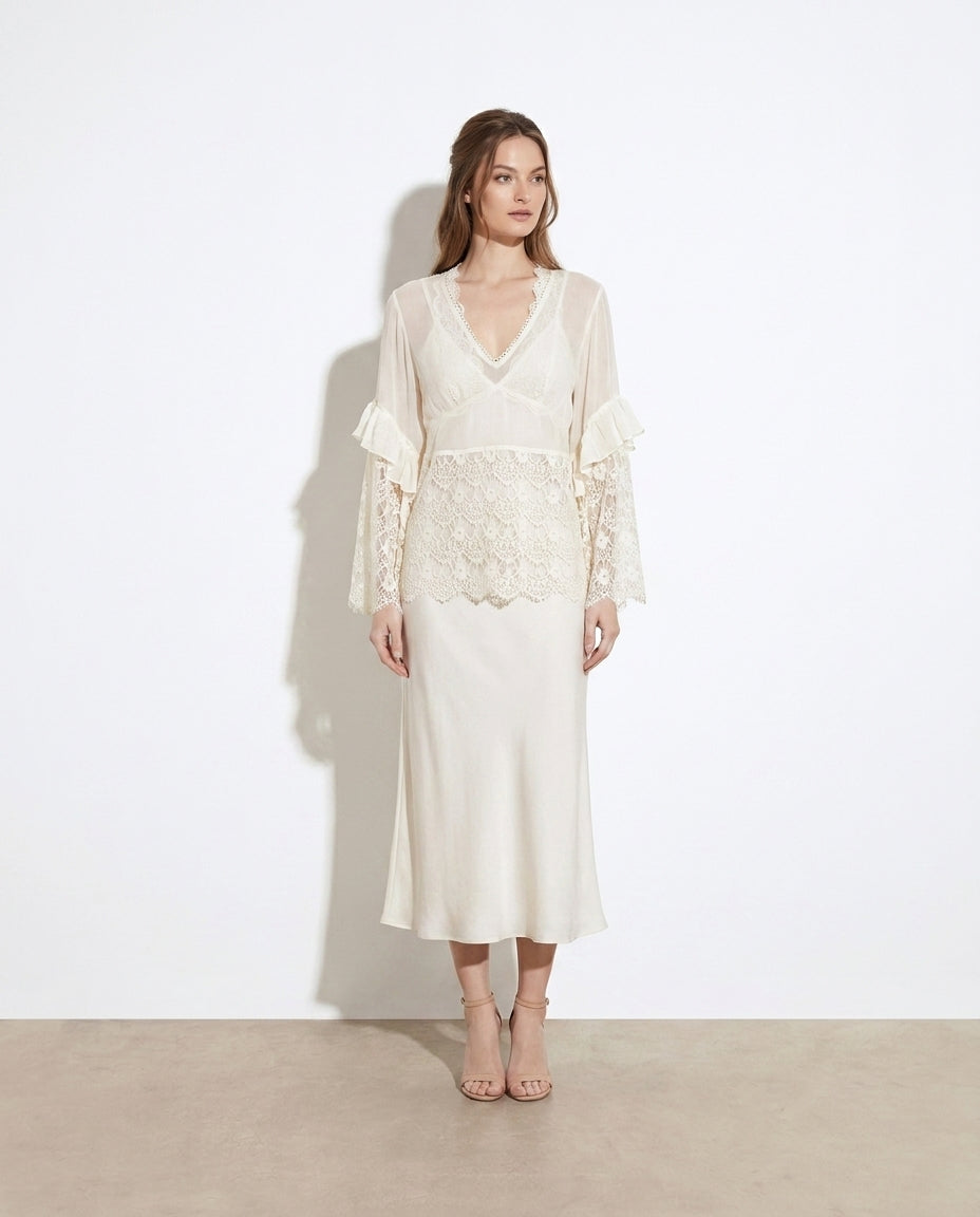 Athanasia Lace V-Neck Ruffle Long Sleeve Cover-Up — studio model shot