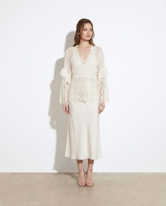 Athanasia Lace V-Neck Ruffle Long Sleeve Cover-Up — studio model shot