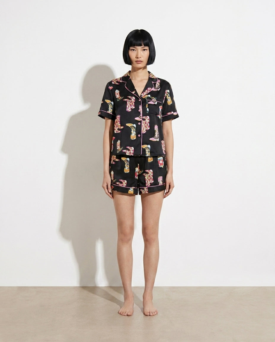 Aud Printed Button Up Top and Shorts Lounge Set — studio model shot