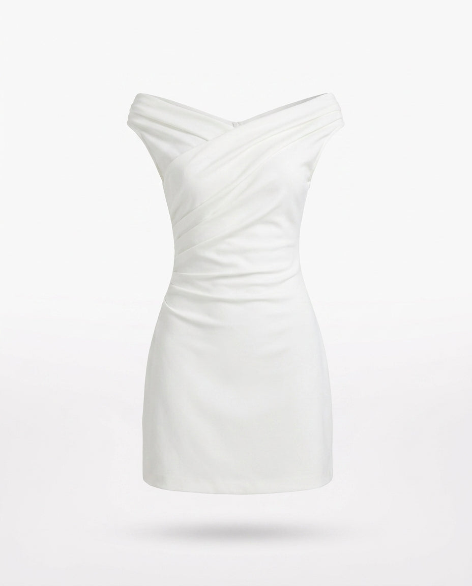 Astrea Off-Shoulder Draped Mini Dress — 3D ghost mannequin product shot