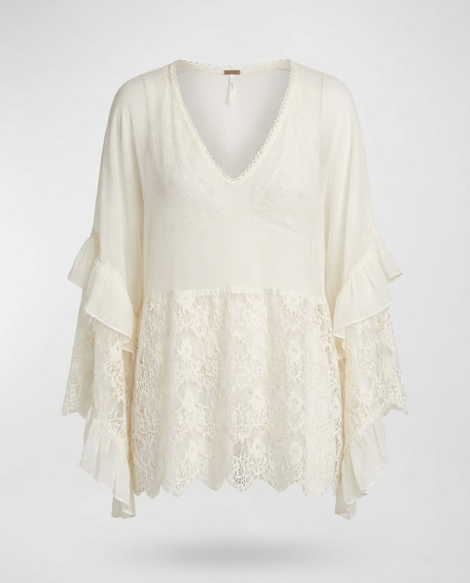 Athanasia Lace V-Neck Ruffle Long Sleeve Cover-Up — 3D ghost mannequin product shot