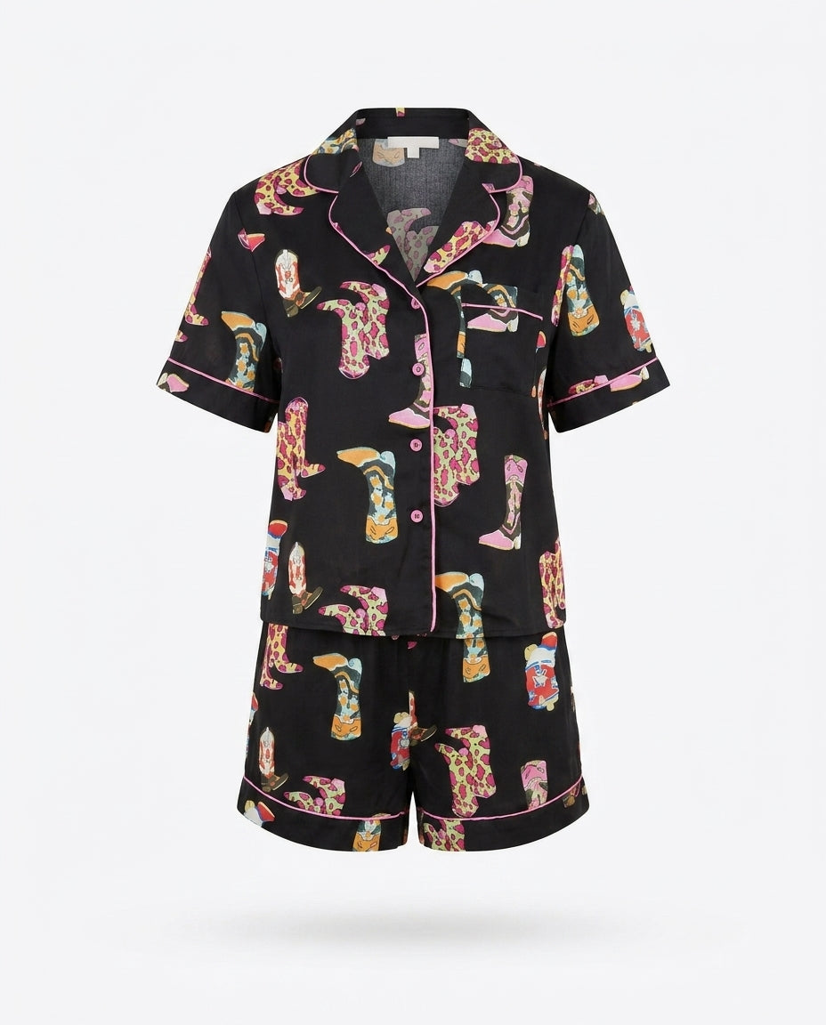 Aud Printed Button Up Top and Shorts Lounge Set — 3D ghost mannequin product shot