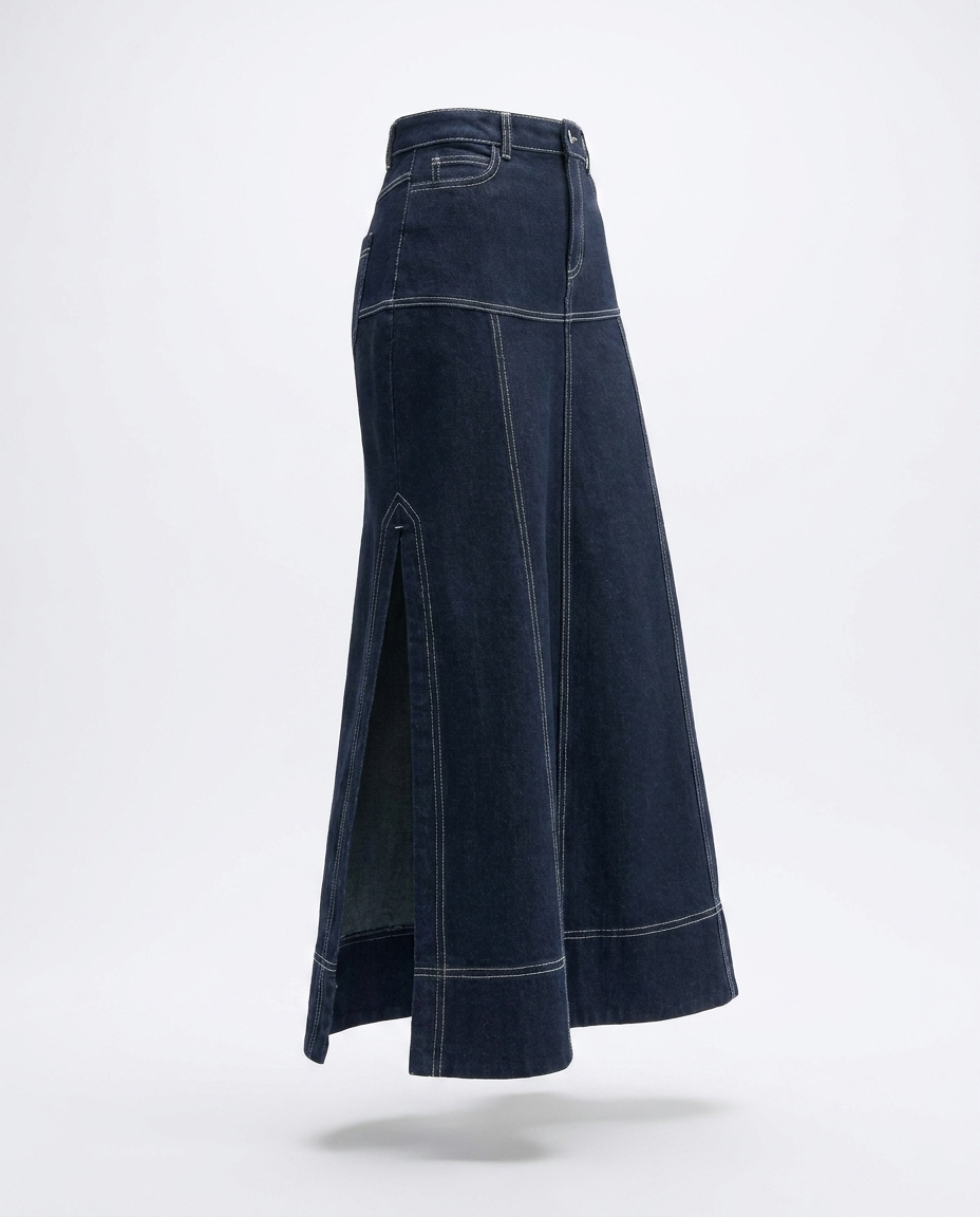 Cliodhna Denim Maxi Skirt — 3D ghost mannequin product shot